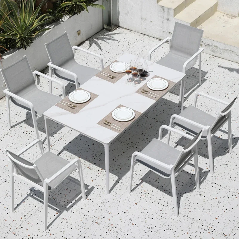 Elegant Modern Stackable Waterproof Hotel Patio Restaurant Furniture Outdoor Aluminum Mesh Dining Chairs