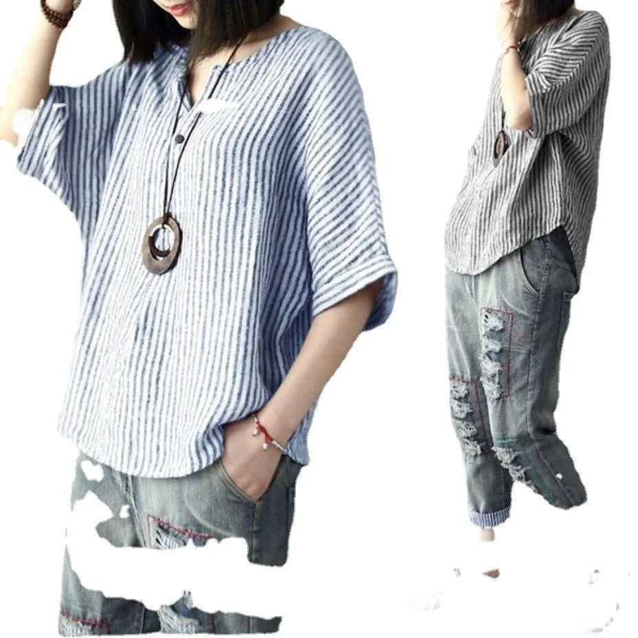 

Women's Striped Cotton T-irt Loose Fit Comfortable Breathable Casual Top Summer Faion Ele Sle Five Sve Length