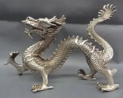 

Chinese Silver Zodiac Myth Beast Figurine Wealth Fly Dragon Bronze Statue