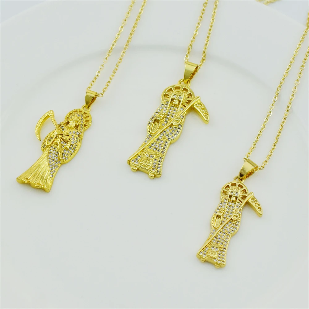 AILINFA New Fashion Zircon Necklace Ladies Stainless Steel Necklace CZ Zircon Death Scythe Pendant Gold Plated Christian Jewelry