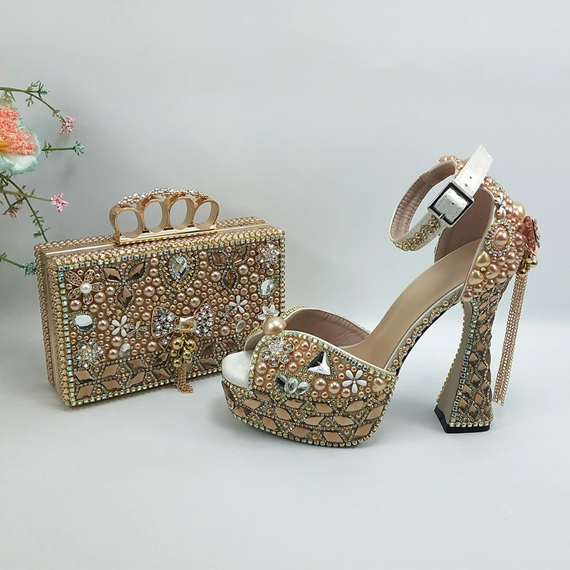 2024 New Luxury Crystal Bridal Shoes and Women's Wallet High Heels Evening Shoes Ankle Strap