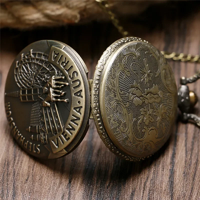 Steampunk Bronze Vienna Austria Full Hunter Case Unisex Quartz Analog Pocket Watch Necklace Chain Souvenir Reloj De Bolsillo
