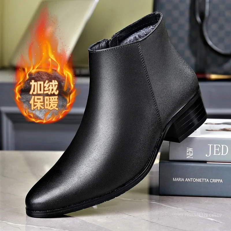 Fashion Retro Men's Ankle Boots British Business Leather Boots for Men New High Heels Pointed Toes and Fleece Chelsea Boots Male