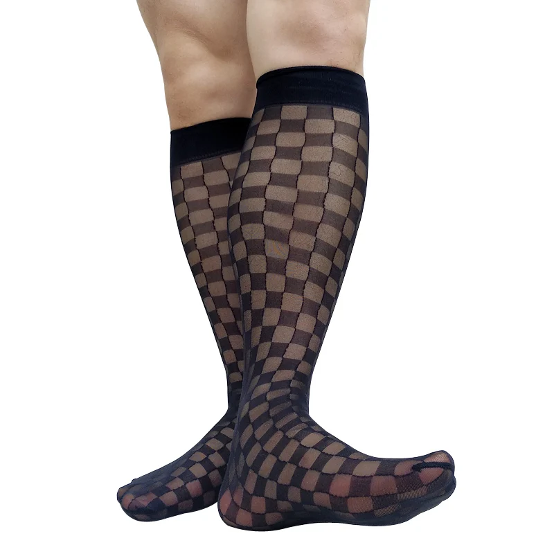 Thin Sheer Mens Plaid Socks See Through Softy Fomral Knee High Dress Suit Long Tube Socks Stocking Hose Sexy Business