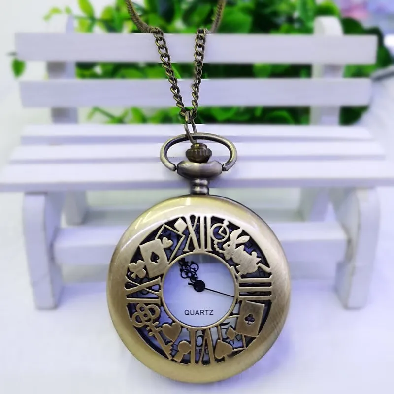 New Bronze Quartz Pocket Watch Retro Alice Theme Pocket Fob Watch Pendant Necklace Pocket Watch Men Womens Gift