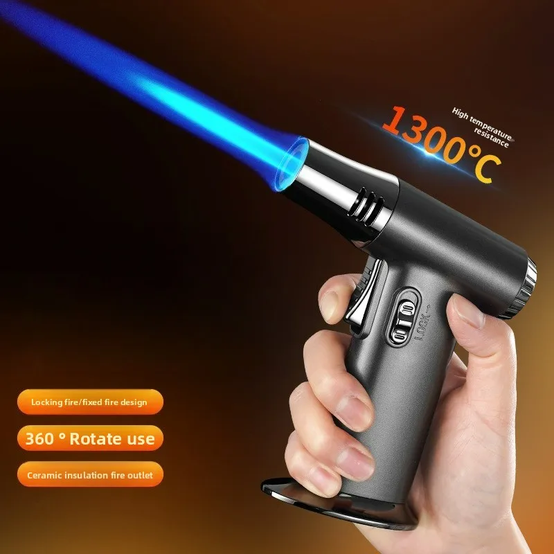 Desktop High Power Spray Gun Windproof Jet Blue Flame Butane Gas Lighter Safety Lock Switch Outdoor BBQ Kitchen Cigar Lighters
