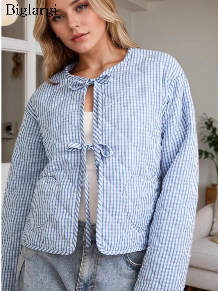 

Autumn Winter Padded Cotton Coat Women Plaid Print Fashion Sweet Ladies Jackets Korean Style Loose Casual Long Sleeve Woman Coat