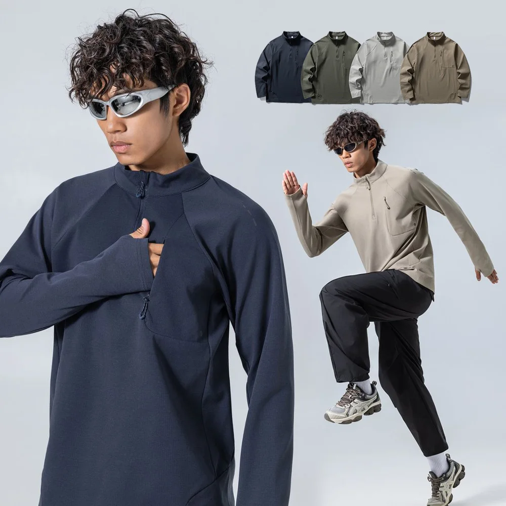 Men Women Stand Collar Outdoor Sport Long Sleeve Loose Casual Lightweight Quick Dry T-shirt Unisex Hiking Camping Track T Shirts