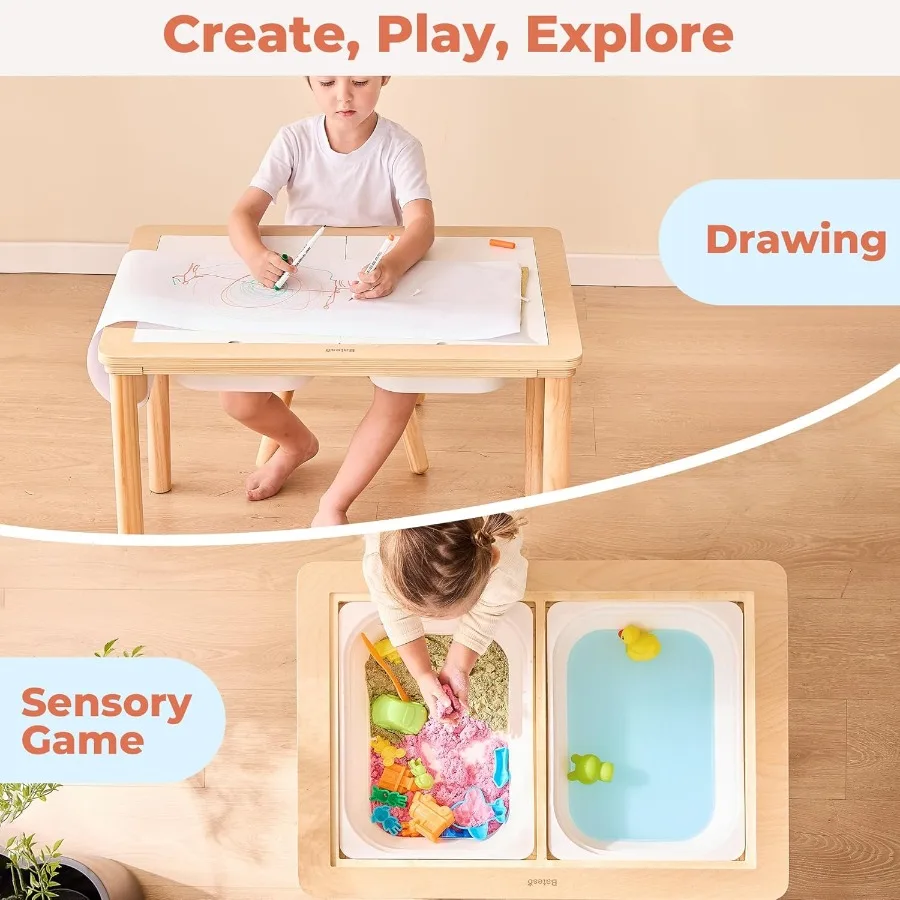 Table sensorielle pour tout-petits avec 2 bacs de rangement, table d'activité en bois avec planches double face, jeu de sable et d'eau en intérieur et en extérieur