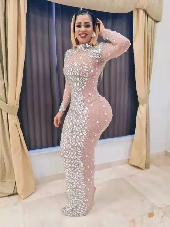 Vestido largo transparente con diamantes de imitación brillantes, traje lujoso de bailarina para celebración de cumpleaños y Noche