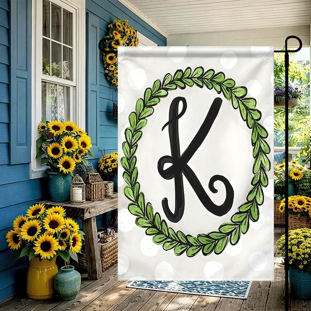 

1PC Monogram Letter K Wreath Garden Flag, Green Leaf Laurel Wreath Decorative Outdoor Flag, Seasonal Yard Pati