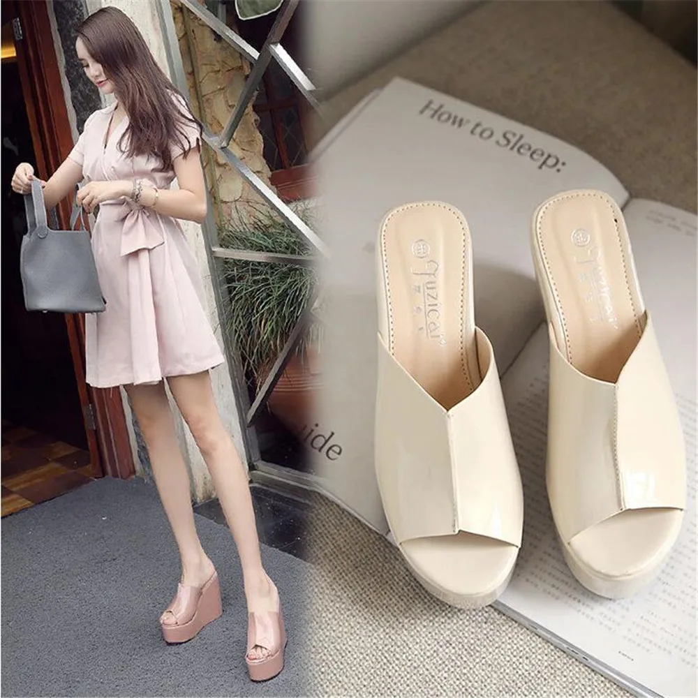 2024 New Female Platform Wedge Peep Toe Slippers Summer Shoes Women Sexy Super High Sandal Slides Black White Apricot Pink Mules