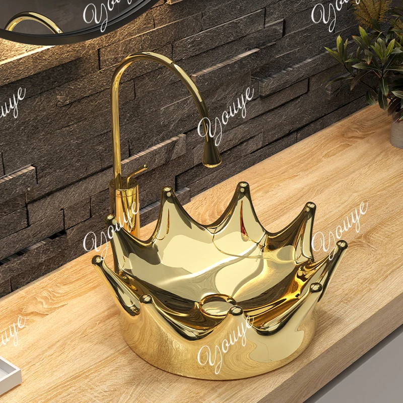 Crown gold countertop basin, ceramic art basin, European bathroom basin, washbasin, modern personality sinks
