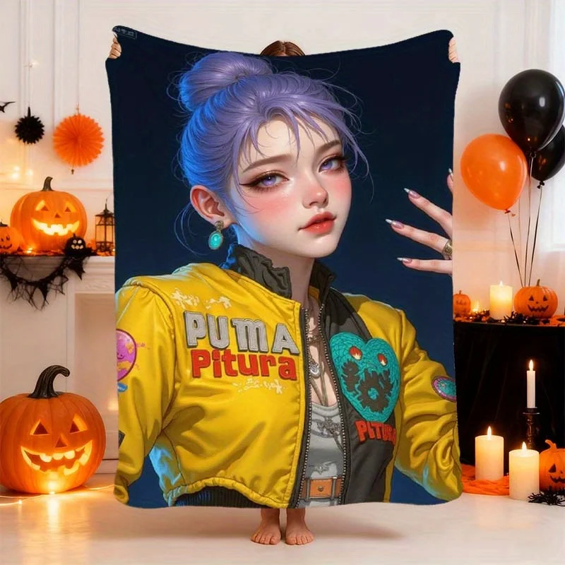1pc KPOP Girl Group Trendy Purple Hair Virtual Idol Blanket, Flannel Blanket, Lightweight and Easy to Hang, Wrinkle-Resistant