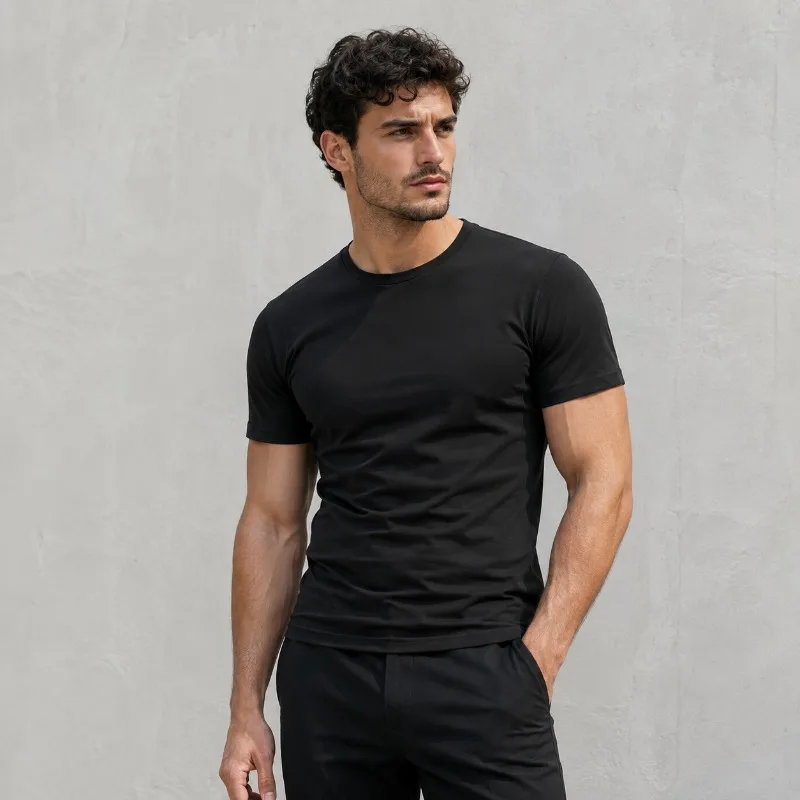 Camiseta Masculina Preta Sólida Slim Fit de Manga Curta com Gola Redonda, Casual de Verão, Básica, Respirável, para Fitness e Streetwear