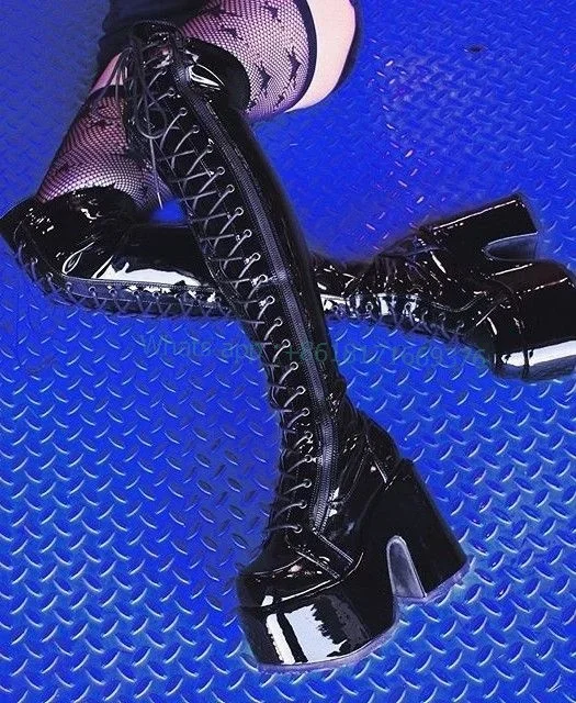 

Сексуальные высокие сапоги до бедра на платформе в стиле панк, женские босоножки из лакированной кожи на молнии на высоком каблуке с круглым носком, черные женские туфли Club