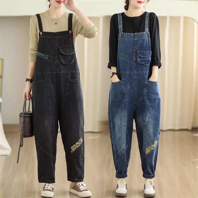 

Artistic Style Embroidered Denim Straps Pants For Women's Autumn Loose Casual Oversized Straight Jumpsuit Jeans Overalls Z3482