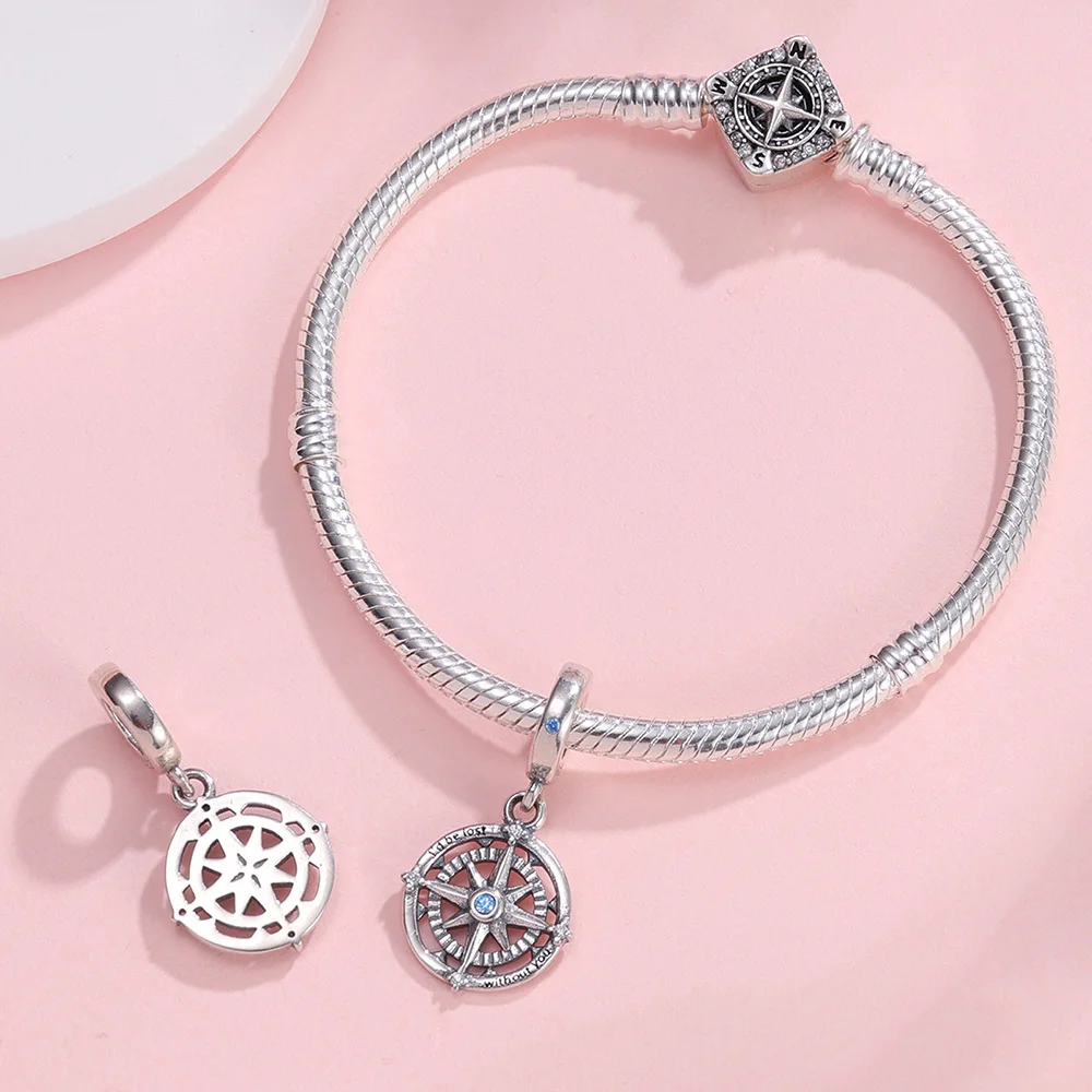 925 Sterling Silver Where the Heart Goes Compass Pendant Fit Original Bracelet Hypoallergenic For Women DIY Jewelry Making Gift