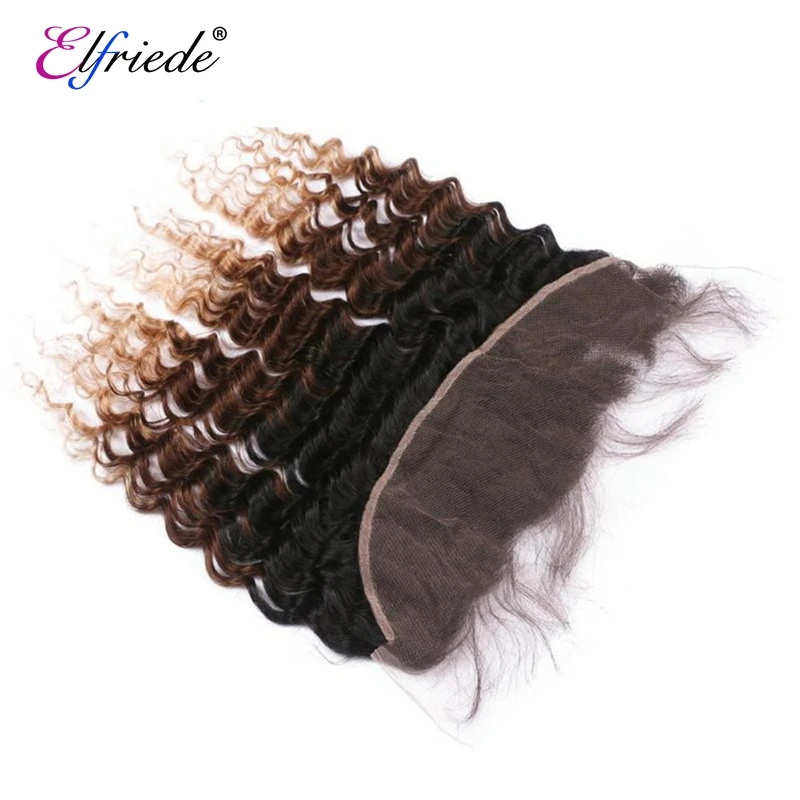 Elfriede-Mèches Deep Wave 4/27 Naturelles Ombrées, Cheveux Humains Tissés avec Dentelle Transparente 13x4, 1B/100%, 3 Lots