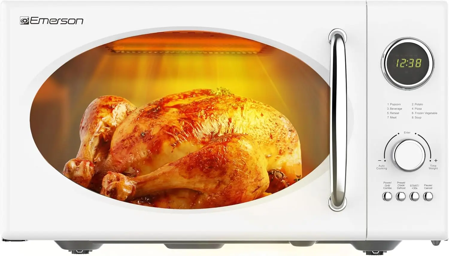 

0.9 Cu. Ft. Retro Microwave with 1,000W Grill, 800W Cooking, LED Display, 5 Power Levels, 8 Auto Menus, Glass Turntable