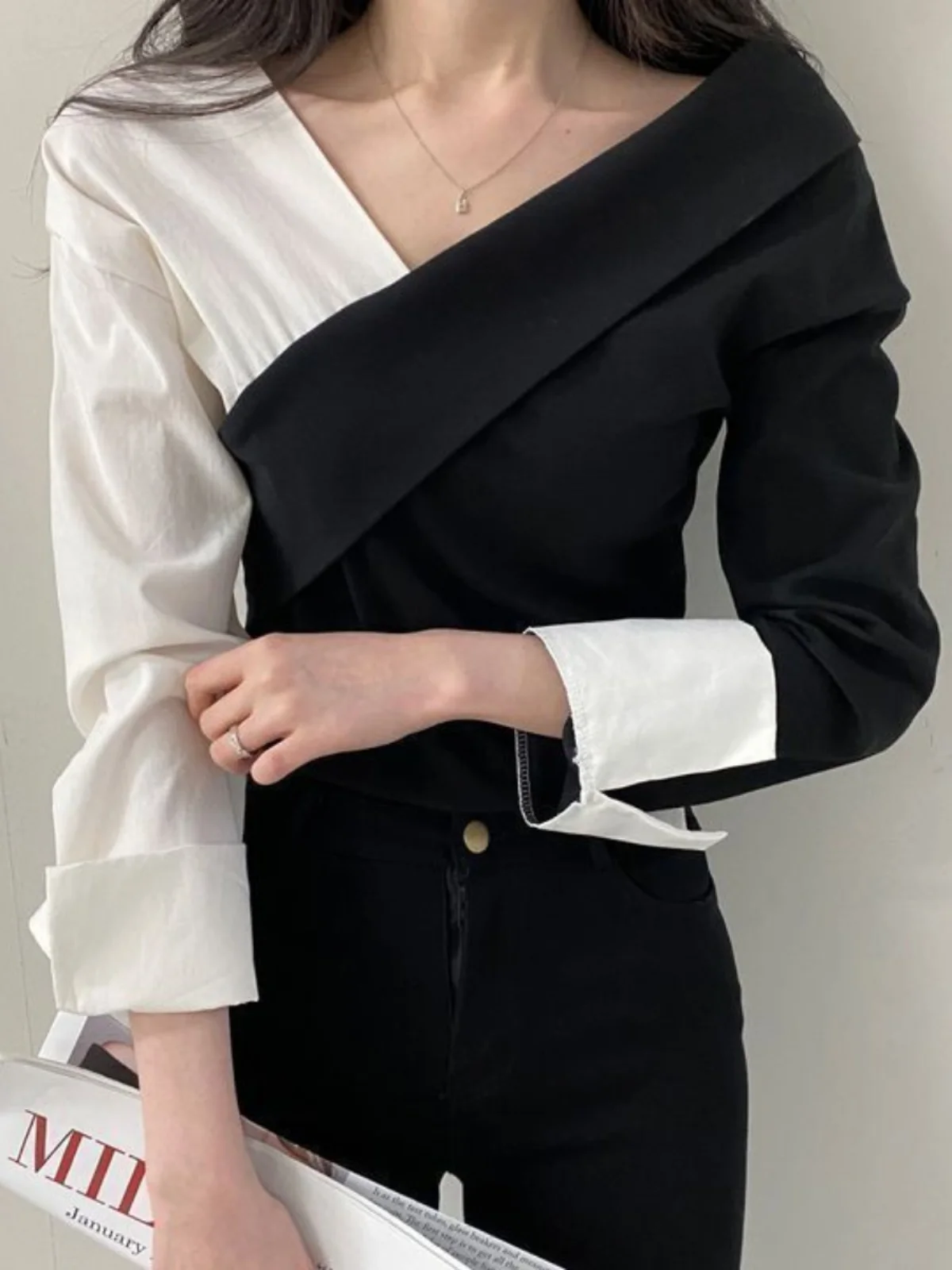 

Chic Spring Color Blo Long Sve irt Women's Top Asymmetrical Design Commute Sle V-Ne Regular Length Faion