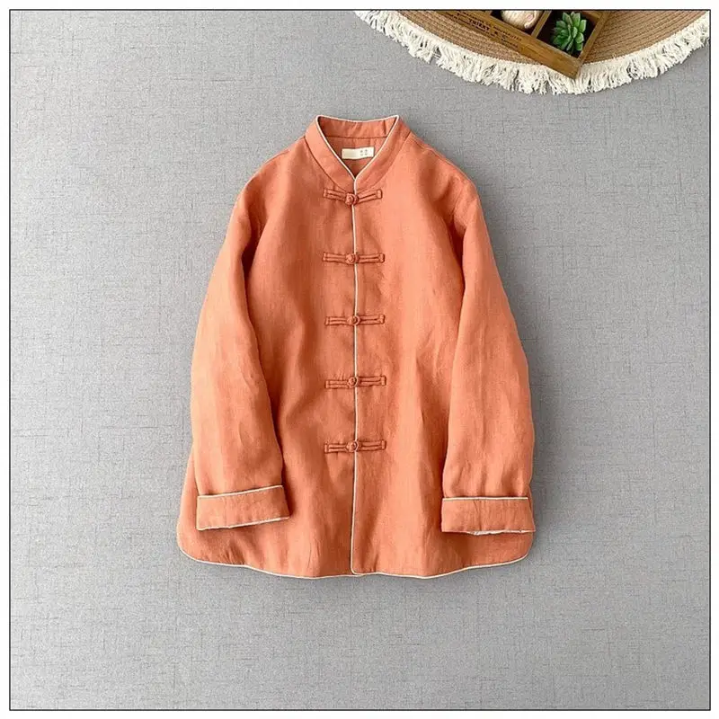 2024 Autumn Winter Women's Clothing Artistic Retro Linen Chinese Style Loose Warm Thin Cotton Coat Stand Collar Tang Jacket a034