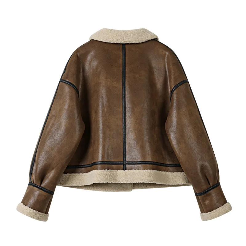 DEAT Women's Coat Brown Pu Leather Thick Spliced Lines Design Lamb Wool Motorcycle Style Jackets 2025 Spring New Fashion 29L8926