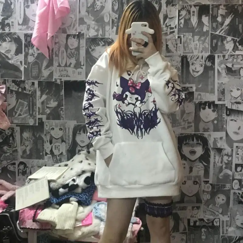 

Женская толстовка Sanrio Hello Kitty, пуловер, топы, флисовая подкладка, на весну и осень, с ретро-мультяшным принтом, свободный крой, модный повседневный стиль