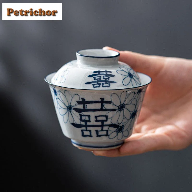 

130 мл Ручная нарисованная двойная счастье синего и белого фарфора Gaiwan Роскошная чайная варенья Чаша для чая с крышкой Набор чайник Крышка Чаша