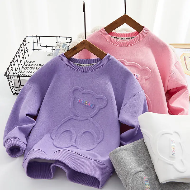 

Girls' Hoodie Spring and Autumn Solid Color Bear Pattern New Bottoming Shirt Baby Long-Sleeved Clothes Children's Pullover Tops