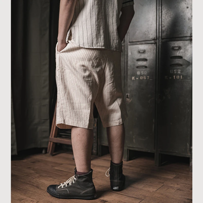 NON STOCK Linen striped loose wide-leg vintage baseball shorts Men's casual knee-length pants