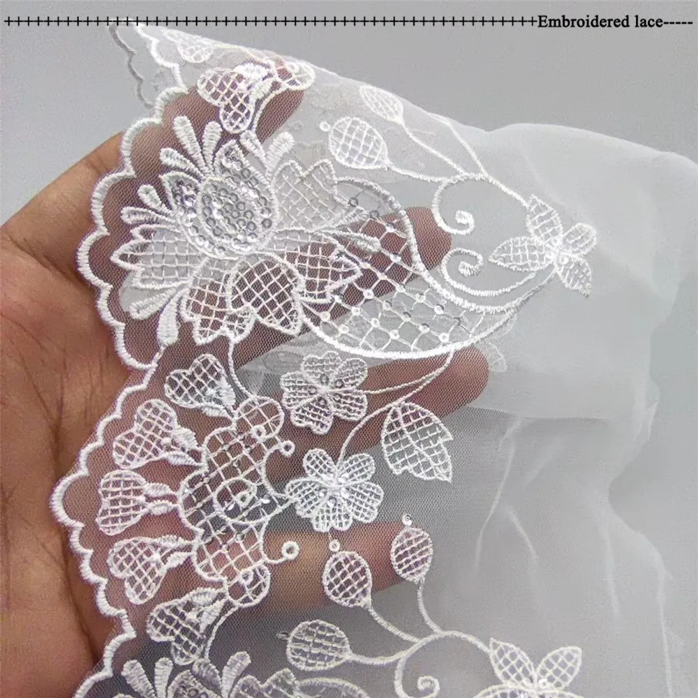 White Tulle Lace Sewing For Wedding Bridal Embroidered Sequins Flowers Lace in Organza Fabric