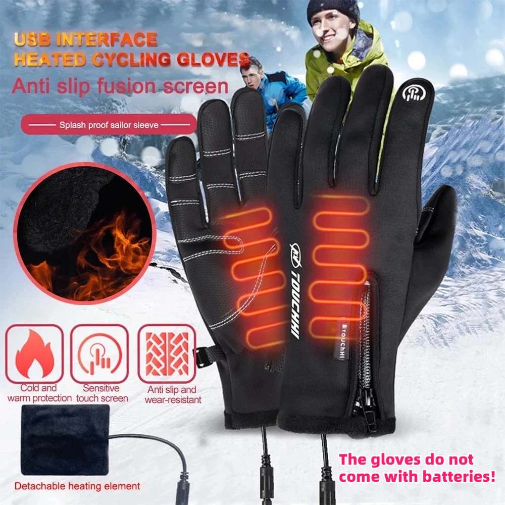 USB Electric Heated Gloves Winter Outdoor Sports Skiing Warm Gloves Waterproof Anti-Slip Motorcycle Cycling Gloves Touch Screen