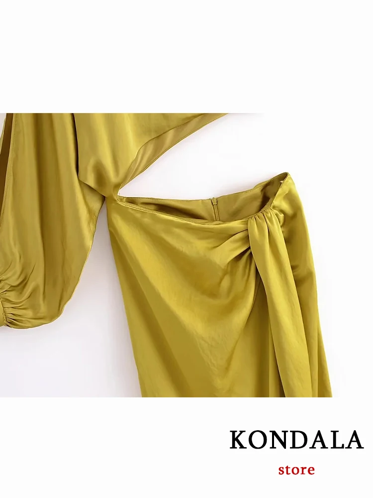 KONDALA Chic Solid Yellow Silk Luxury Single Sleeve Diagonal Collar Bare-midriff Pleated Women Dress Long Night Party Vestido