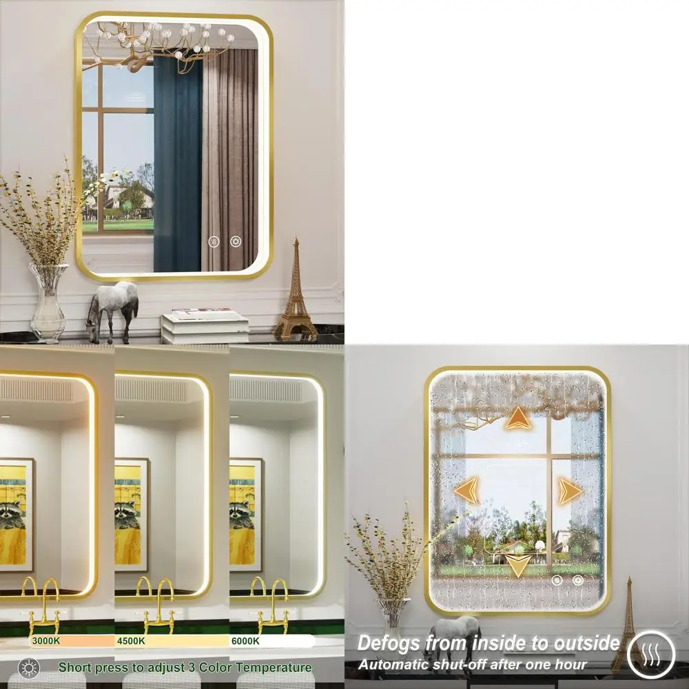 

24 x 32 LED-Illuminated Bathroom Mirror, Gold Frame, Adjustable Lighting, Wall-Mounted Vanity Mirror with Step-Dimming and Memor