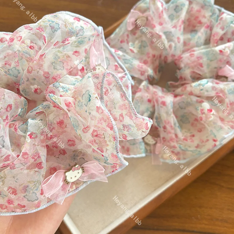 Hello Kitty Sanrio милый мультфильм KtCat бант с цветочным принтом кольцо для волос толстой кишки Kawaii периферия аксессуары для волос головной убор подарок