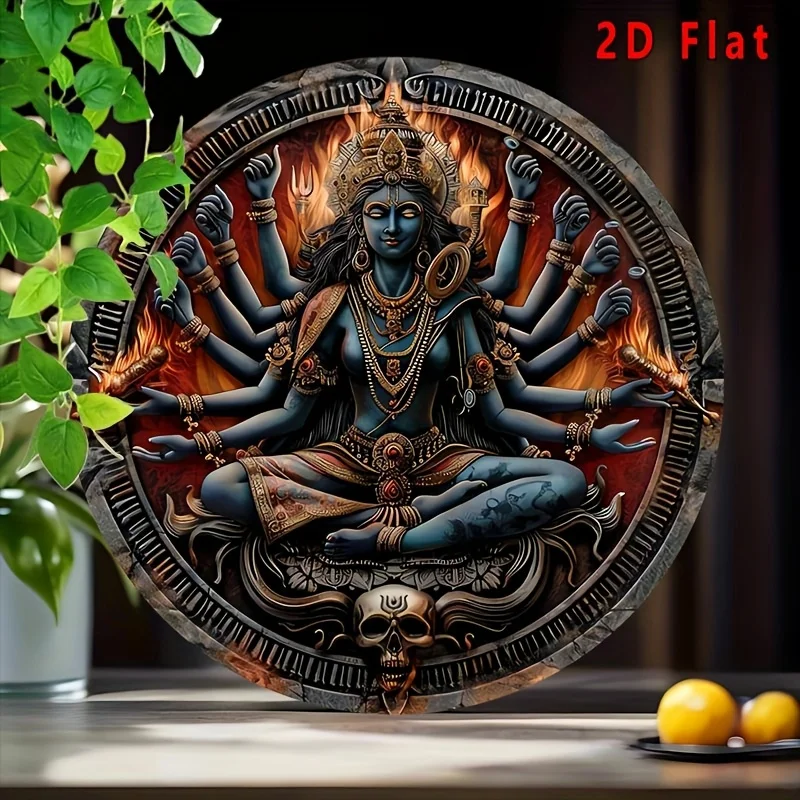 2D Flat, 2D Flat Round Majestic Kali Goddess Vintage-Inspired Aluminum Wall Art - 7.8x7.8" Metal Sign for Home, Bar, Cafe & Beac