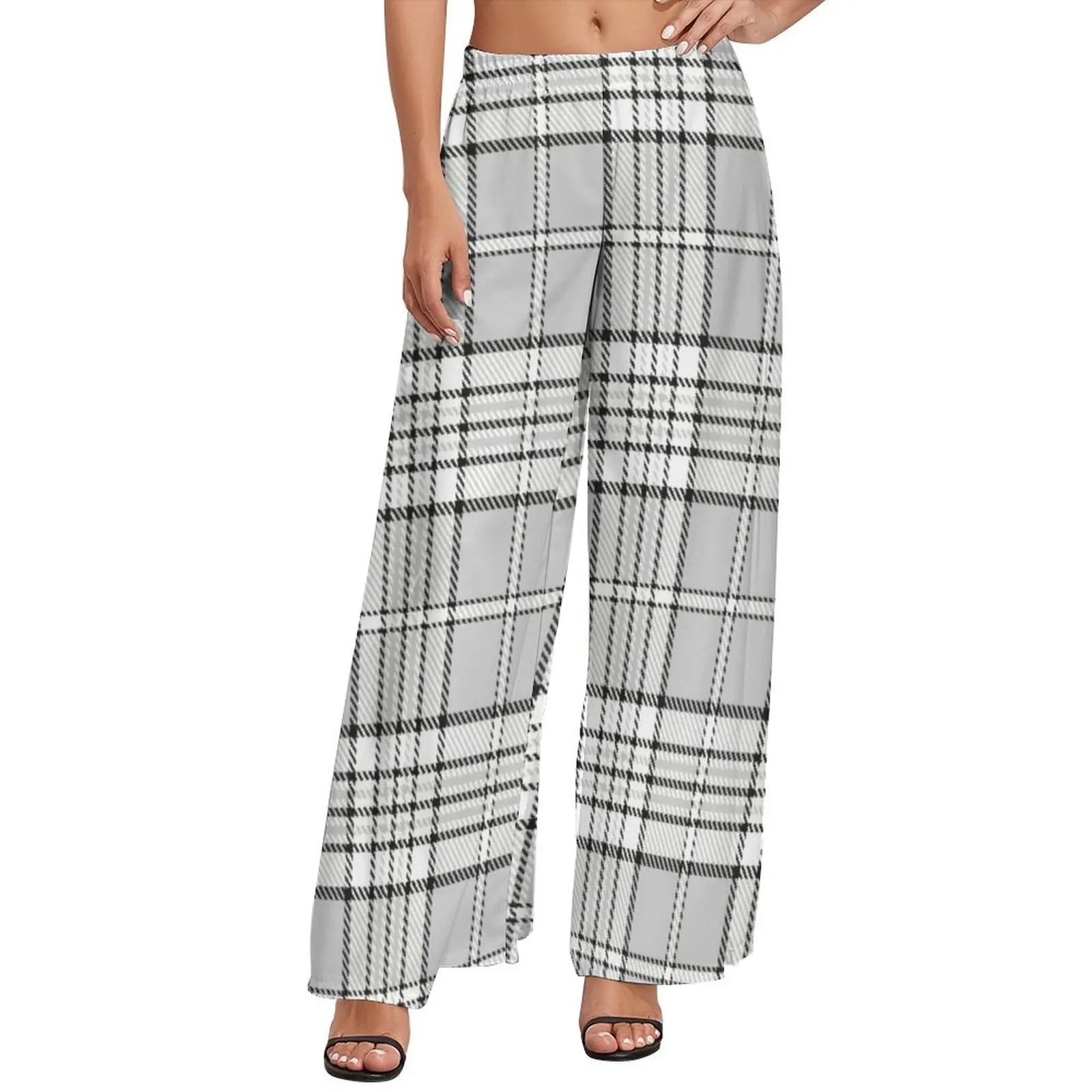 

Trendy Gray Plaid Pants Vintage Lines Office Wide Pants Ladies Oversized Streetwear Custom Straight Trousers