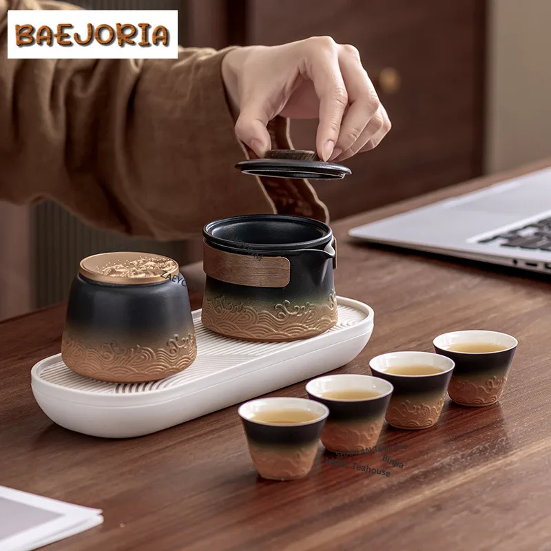 BAEJORIA Chinese Kung Fu Tea Set Teapot Tea Tray Set Travel Kong Fu Tea Kit Gift Porcelain Sea Wave Handheld Pot Tea Set Bags