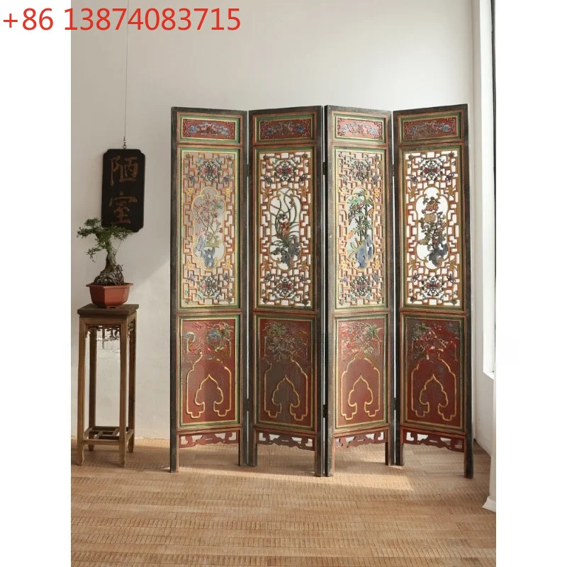 Painted Chinese screen partition, antique old wood carving hollowed out folding camphor wood, meilan bamboo chrysanthemum