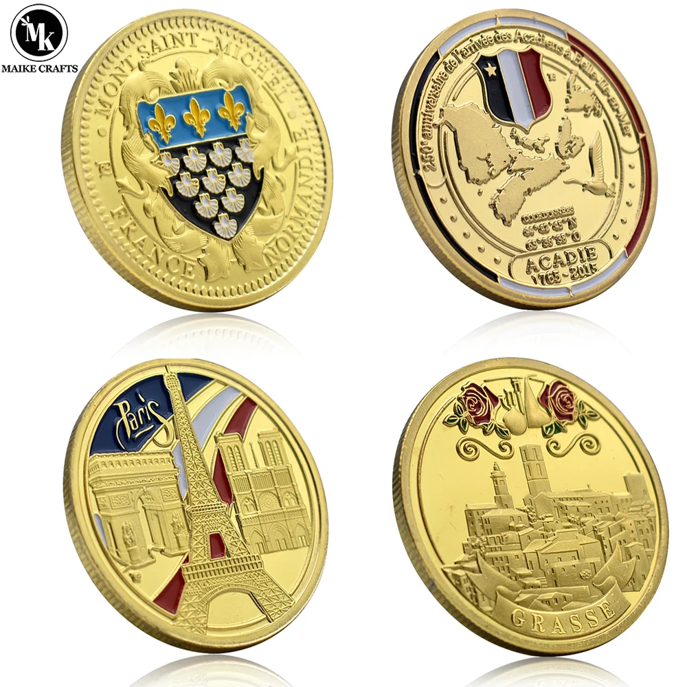 4pcs/set French Famous City Gold Coin Paris Eiffel Tower Normandie Grasse Mont Saint Michel Revolution Metal Commemorative Coin