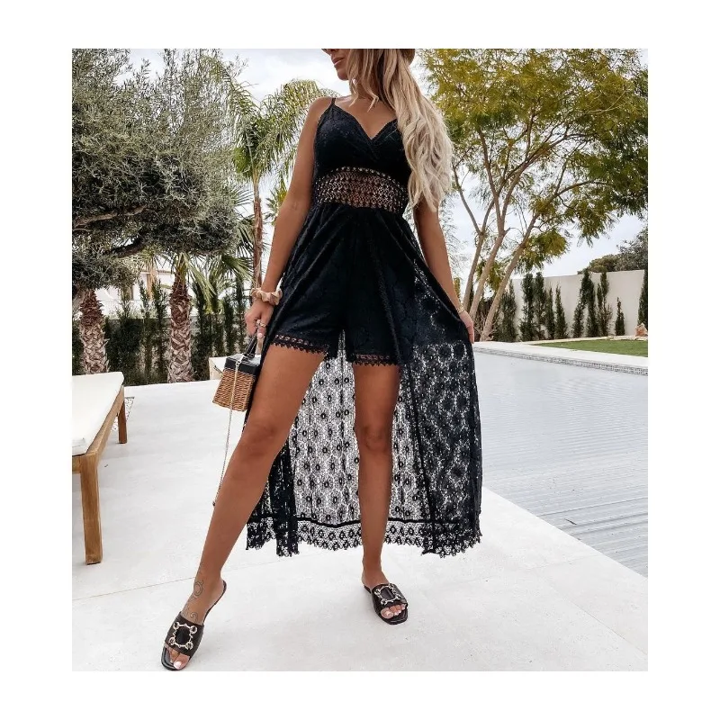 Elegante Spitze Lange Kleider Gespleißt Hosen Träger Split Ärmellose Frauen Sommer Hohl Sheer Strand Süße Geraffte Lange Maxi A-Linie