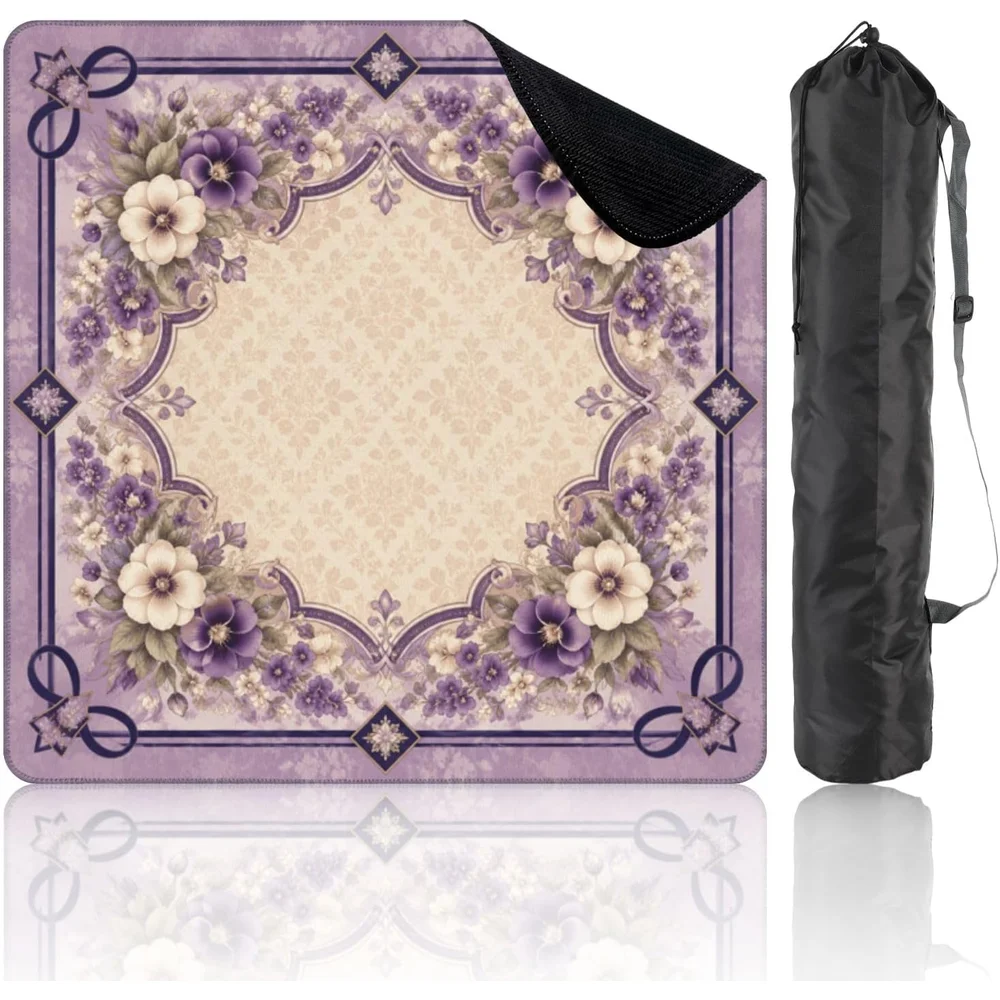 Neoprene 3mm Luxury Mahjong Table Cover 31.5 Inch Purple Vintage Floral Frame Non Slip Noise Reduction for Mahjong Poker