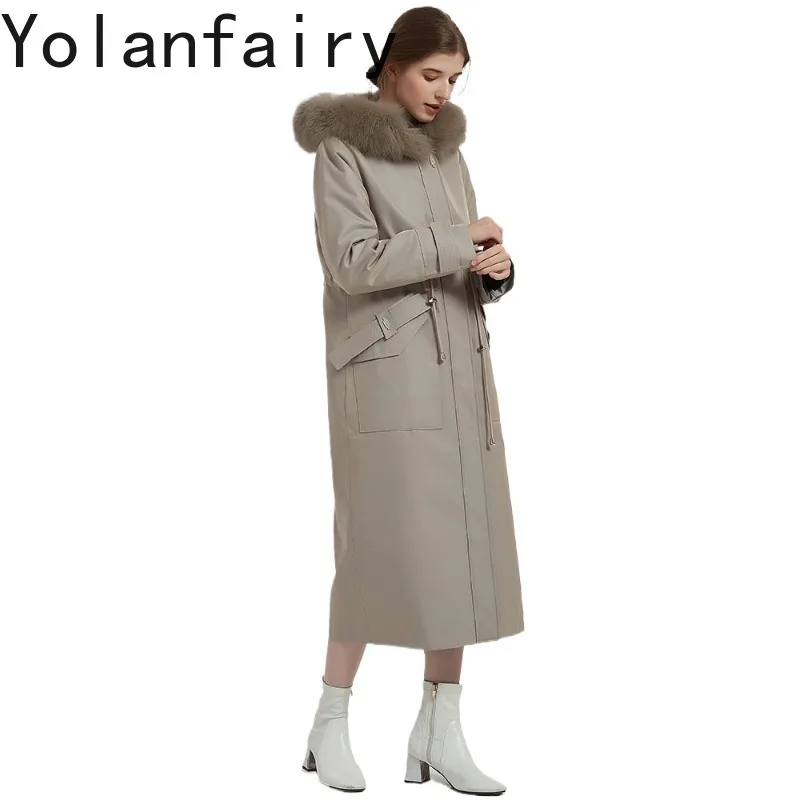 YOLANFAIRY Women's High-end 100% Real Fur Coat Winter Hooded Parka Detachable Natural Whole Rex Rabbit Fur Liner Fox Fur Collar