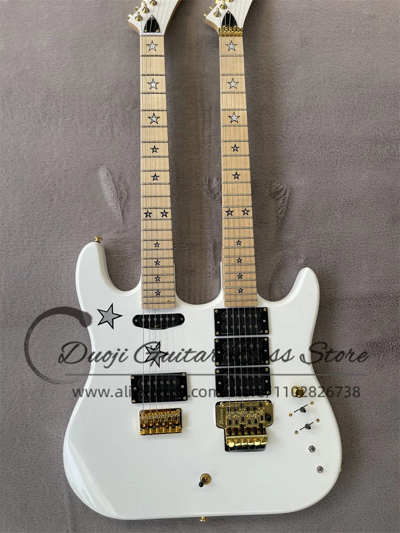 

Double Neck guitar White body Maple fingerboard stars inlaid gold Tremolo bridge HHH pickup Kra Gitta factory custom