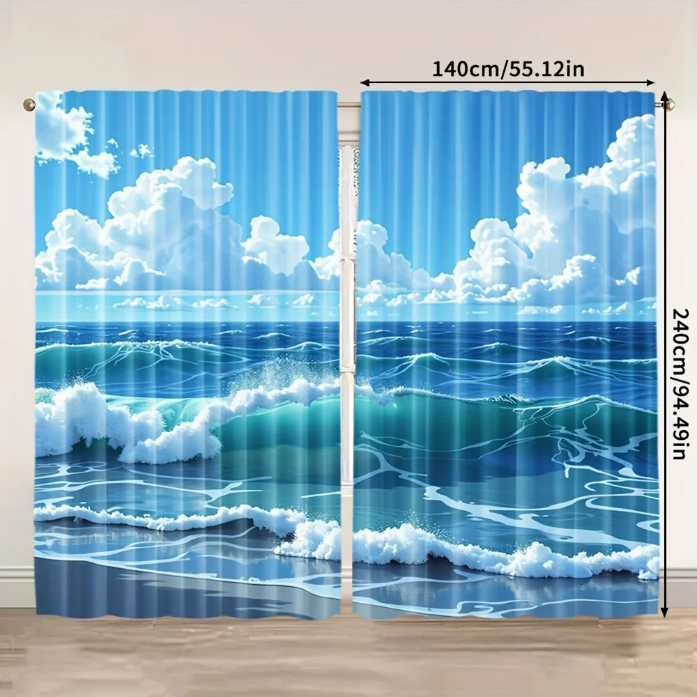 2 Panels Ocean Wave Curtains, Blue Sea Sky Landscape Print, Realistic Coastal Drapes for Living Room Bedroom Decor