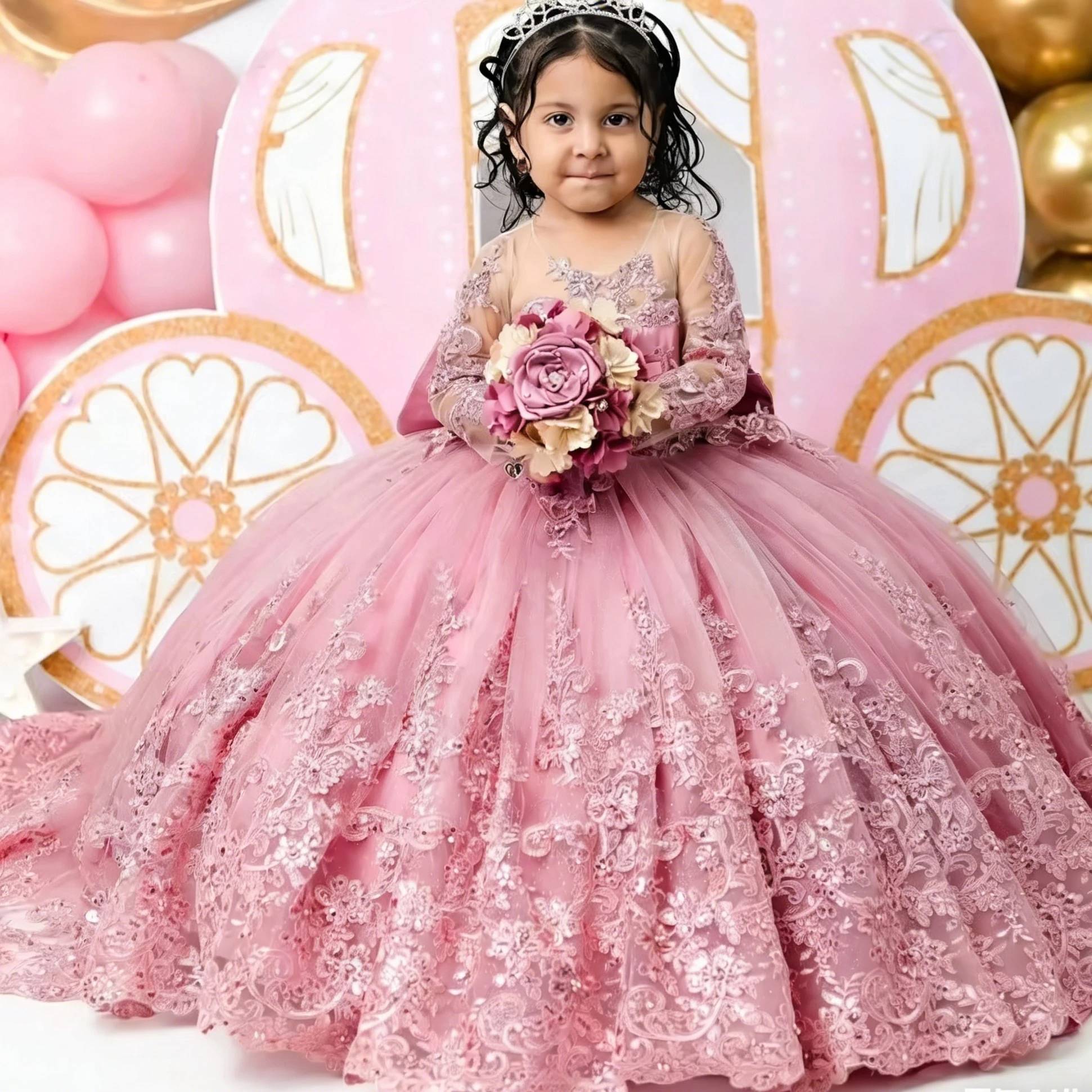 

Customized Pink Flower Girl Dress For Wedding Appliques Bow High Waist Long Sleeve Luxury Kids Birthday First Communion Gown