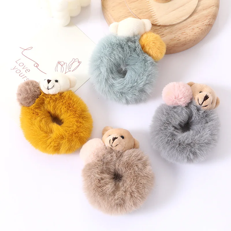 Cartoon Bear Furry Ball Hair Rope Antumn Winter Warm Cute Scrunchie Elastic Ponytail Holder Women Girls Hair Accessories Gift