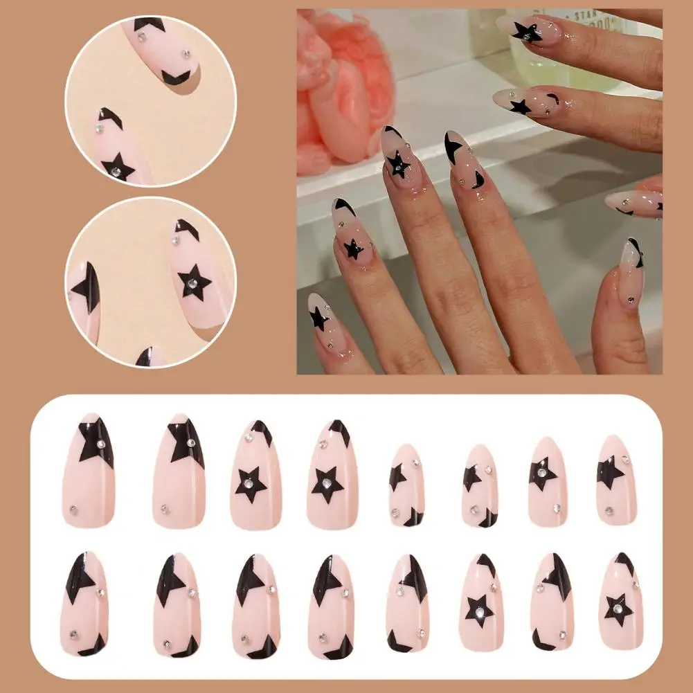 Rhinestone Embellished False Nails Stylish Durable French Almond-shaped Fake Nails with Rhinestone Star Embellishments 24pcs