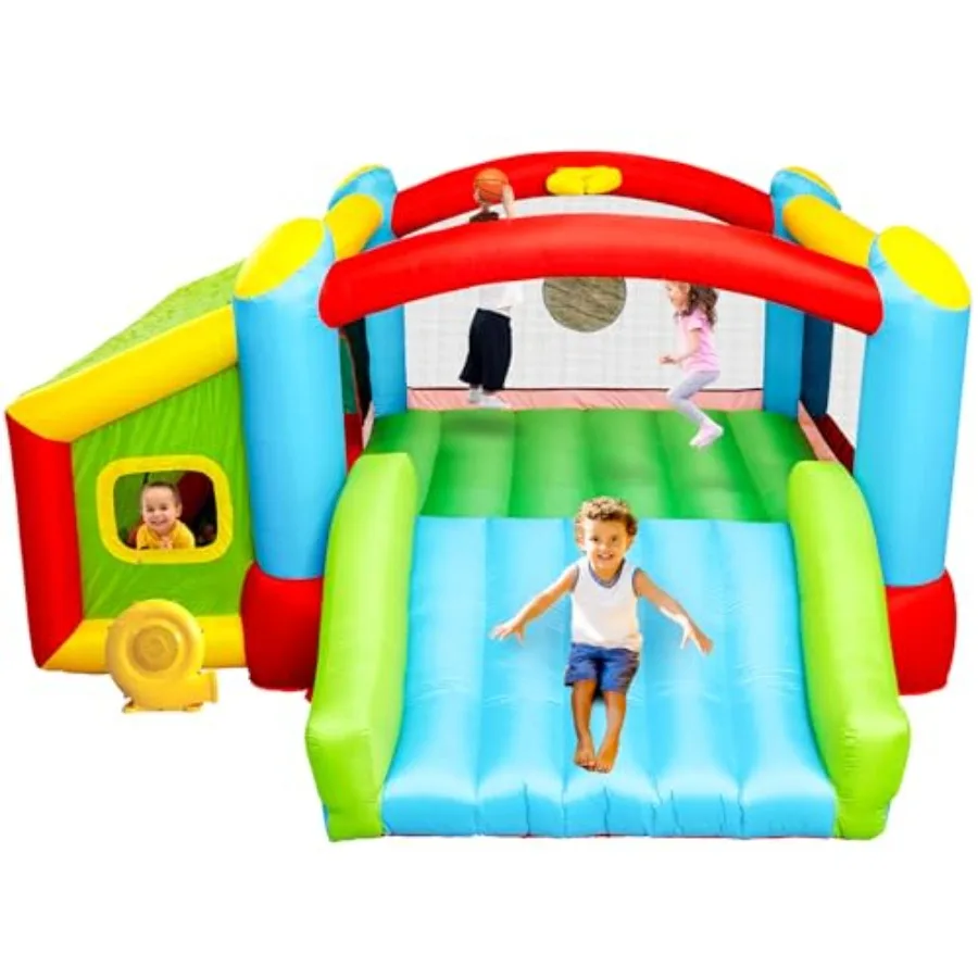 

Inflatable Bounce House with Air Blower for 143x137x68 Inch Jumping Castle featuring Slide Ball Pit and Dart Target Game Durabl